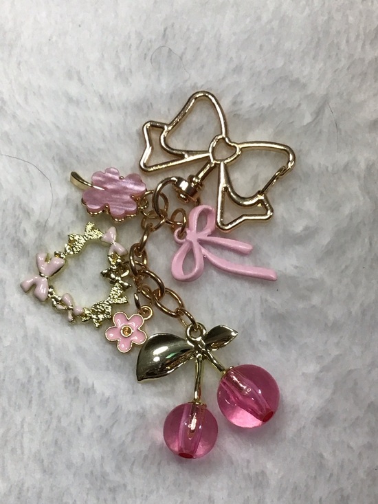 Accessories - Gold Bow & Pink Cherry Charm Keychain - Women Accessories